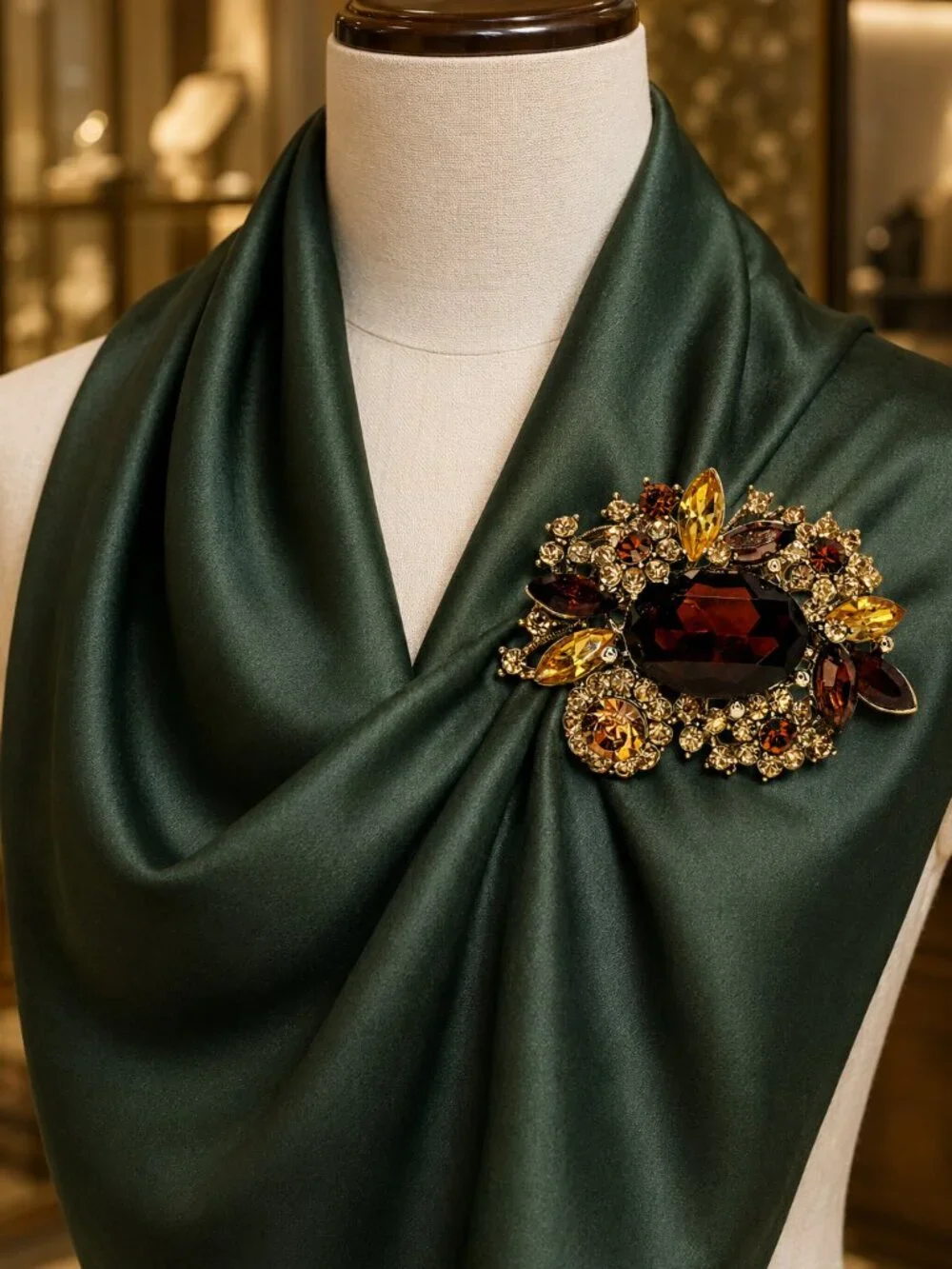 Ornate Amber & Smoky Brown Rhinestone Brooch/Pendant